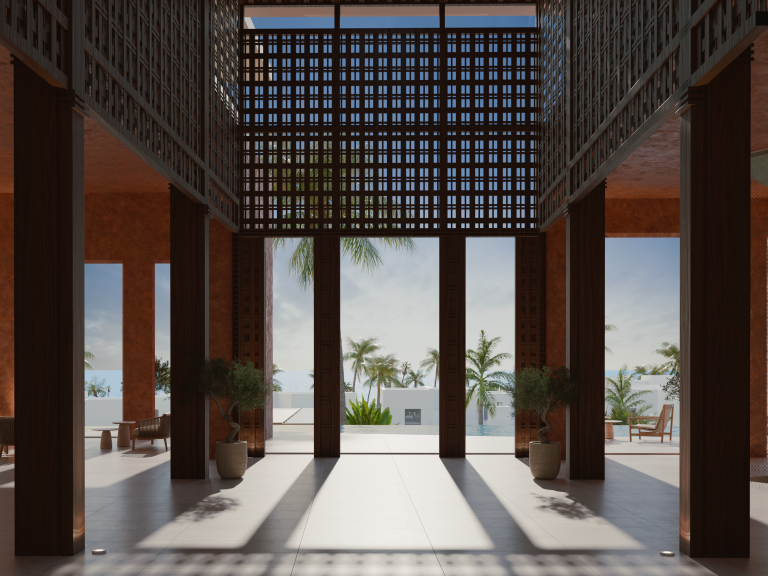 Tarafo Bay pool visualisation with palm trees and sunset
