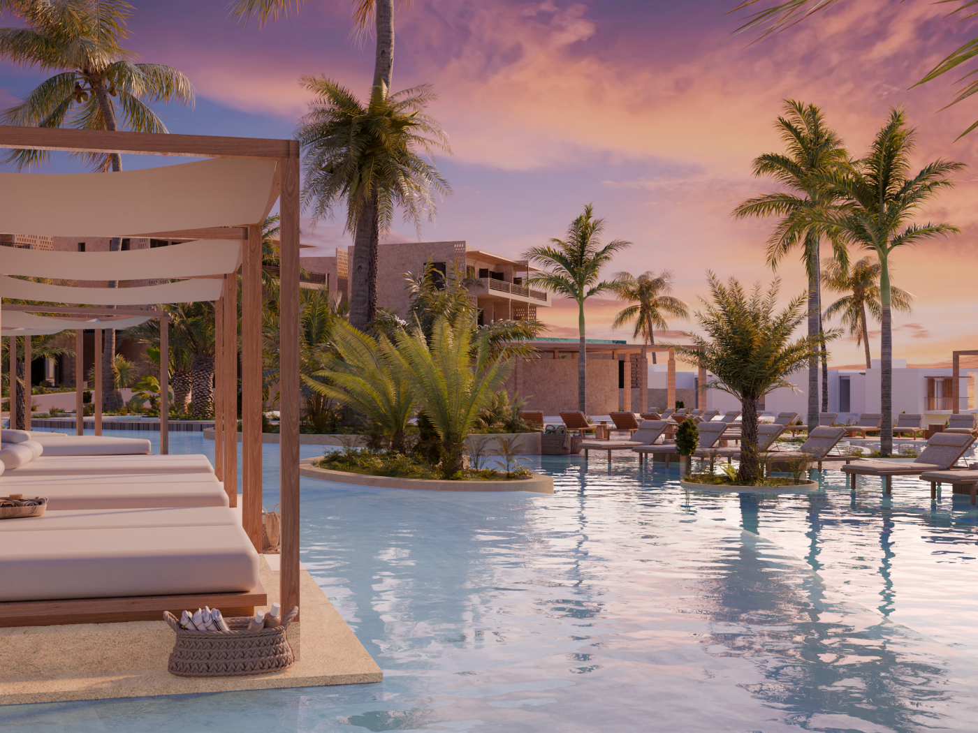 Tarafo Bay pool visualisation with palm trees and sunset