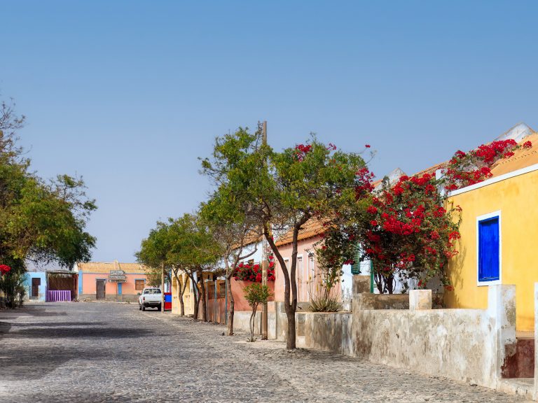 Beautiful streets of Sal Rei, Boa Vista, Cape Verde with colourful homes and treelined streets